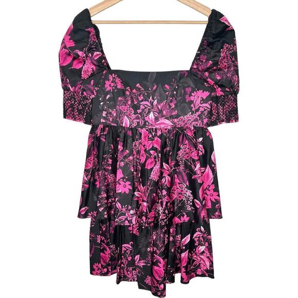 New Women’s Alice & Olivia Black Floral Smocked Square Neck Mini Dress Size 2 - Picture 2 of 9